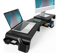 Fenge Dual Monitor Stand, 3 Shelf Adjustable Length and Angle,107cm Desk Organizer with Removable Slot Drawer, Tablet Phone Holder, Computer Laptop Riser Desk for 2 Monitors, Black