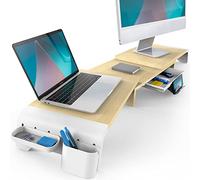 Fenge Dual Monitor Stand, 3 Shelf Adjustable Length and Angle, 107cm Desk Organizer with Removable Slot Drawer, Tablet Phone Holder, Computer Laptop Riser Desk for 2 Monitors, Oak