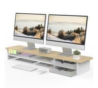 Fenge Dual Monitor Stand Riser with 2 Acrylic Storage Drawer 108cm Large Monitor Stands for PC/Laptop/Fax/Printer/TV Screen, Whole Piece Board, Oak+White