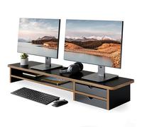 Fenge Dual Monitor Stand Riser with 2 Acrylic Storage Drawers, 108cm Large Monitor Riser for PC/Laptop/Fax/Printer/TV, 2 Tier Wood Board For Desk Shelf, 108x23.5x14cm, Max Load Capacity 45KG, (Black)