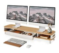 Fenge Dual Monitor Stand Riser with Storage Drawer,108cm Large Computer Stand with Leather Handle&Pen Holder, Ergonomic Desktop Organiser for Home Office & Gaming,108×25×15.7cm, Max Load 35kg (Oak)