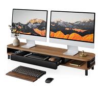 Fenge Dual Monitor Stand Riser with Storage Drawer,108cm Large Computer Stand with Leather Handle&Pen Holder, Ergonomic Desktop Organiser for Home Office & Gaming,108×25×15.7cm, Max Load 35kg (Brown)