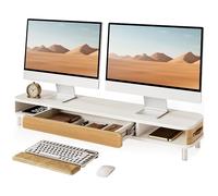 Fenge Dual Monitor Stand Riser with Storage Drawer,108cm Large Computer Stand with Leather Handle&Pen Holder, Ergonomic Desktop Organiser for Home Office & Gaming,108×25×15.7cm, Max Load 35kg (White)