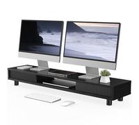 Fenge Monitor Riser with Sliding Glass Door,108cm,High Adjustable,Black | Large Computer Stand for 2 Monitors,Desk Organizer for Home Office, desk riser,108x23.5x(15-16.7)cm,Max Load 45 kg