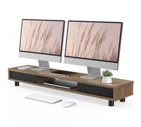 Fenge Monitor Riser with Sliding Glass Door,108cm,High Adjustable,Brown | Large Computer Stand for 2 Monitors,Desk Organizer for Home Office, desk riser,108x23.5x(15-16.7)cm,Max Load 45 kg