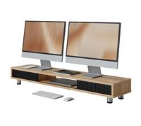 Fenge Monitor Riser with Sliding Glass Door,108cm,High Adjustable,Dark Oak | Large Computer Stand for 2 Monitors,Desk Organizer for Home Office, desk riser,108x23.5x(15-16.7)cm,Max Load 45 kg