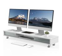Fenge Monitor Riser with Sliding Glass Door,108cm,High Adjustable,White | Large Computer Stand for 2 Monitors,Desk Organizer for Home Office, desk riser,108x23.5x(15-16.7)cm,Max Load 45 kg