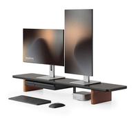 Fenge Monitor Stand, 108cm, Solid Wood Leg, for Laptop PC TV, Black | Dual-Device, 45kg Load, 2 Flexible Felt-Lined Drawers & Metal Shelf, Cable Mgmt, Screen Computer Printer Desk Home Office