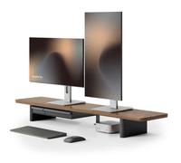 Fenge Monitor Stand, 108cm, Solid Wood Leg, for Laptop PC TV, Brown | Dual-Device, 45kg Load, 2 Flexible Felt-Lined Drawers & Metal Shelf, Cable Mgmt, Screen Computer Printer Desk Home Office