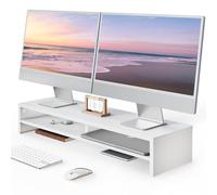 Fenge Monitor Stand, 80cm, for Laptop PC TV, 2 Tiers, Monitor Riser, White | Dual-Device, Extra Support Leg, For Screen Computer Printer Office Home, 2 Tiers, Non-slip Pads, Desk Shelf Organizer