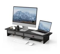 Fenge Monitor Stand, 90cm, 2 Linen Drawers, 2 Tiers, Monitor Riser, Black | Dual-Device, Extra Support Leg, For Screen Computer Printer Office Home, 2 Tiers, Non-slip Pads, Desk Shelf Organizer