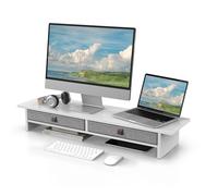 Fenge Monitor Stand, 90cm, 2 Linen Drawers, 2 Tiers, Monitor Riser, White | Dual-Device, Extra Support Leg, For Screen Computer Printer Office Home, 2 Tiers, Non-slip Pads, Desk Shelf Organizer