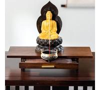 FENGFAUU Meditation Altar Table with Drawer, Handmade Puja Table, Small Alter Table for Relaxation, Prayer, Bamboo Wiccan Buddha Shrine Floor Puja Table for Spiritual(Walnut,50cm/19.6inch)