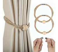 Fenghuangwu Magnetic Curtain Tiebacks, Jute Curtain Holdbacks for Window Drapery with Wood Bead, Boho Woven Curtain Ties Holder Rope for Thin and Thick Curtains - 2/4 PCS (Jute, 1 bead - 2 PCS)