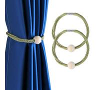 Fenghuangwu Magnetic Curtain Tiebacks, Jute Curtain Holdbacks for Window Drapery with Wood Bead, Boho Woven Curtain Ties Holder Rope for Thin and Thick Curtains - 2/4 PCS (Green, 1 bead - 2 PCS)