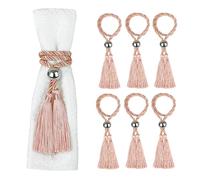 Fenghuangwu Napkin Rings with Polyester Rope Tassels, Napkin Ring Holder, Napkin Buckle with Bead Trim for Dining Table, Wedding, Dinner, Party, DIY Decoration, Set of 6 (Rubber Pink, One Size)