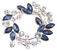 FENGJI Crystal Gold and Silver Plated Round Flowers Brooch Pin Wedding Scarf Brooch (Purple,Blue,White) Gold Blue