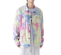 FENGJIAREN Men'S Denim Jacket, Denim Colorful Print Jacket Men'S Single Breasted Patchwork Coat With Square Collar Men Jeans Casual Jacket Button Down Mens Denim Jackets,Men'S Denim Jacke