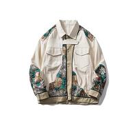 FENGJIAREN Men'S Denim Jacket, Embroidered Flower Jackets For Mens Clothing Coat Men'S Patchwork Coats New Outerwear Bomber Tops Button Down Jean,Men'S Denim Jacket,L