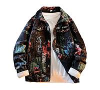 FENGJIAREN Men'S Denim Jacket, Hip Pop Leter Graffiti Denim Jackets Men'S Handsome Jean Jacket Outdoor Streetwear Long Sleeve Outerwear Spring Coat,Men'S Denim Jacket,M