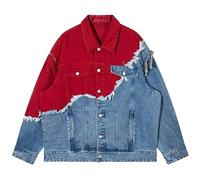 FENGJIAREN Men'S Denim Jacket, Jacket Men'S Personality Handsome Patchwork Denim Red And Blue Jacket Top Couple Coat Button Down Jean Lapel Jacket.,Men'S Denim Jacket,L