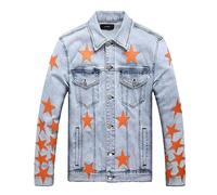 FENGJIAREN Men'S Denim Jacket, Leather Orange Stars Patched Stretch Denim Jackets,Men'S Jacket Outdoor Stretch Washed Jean Autumn Light Blue Outerwear Cowboy Slim Trucker Denim Jacket C