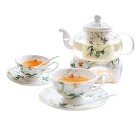 FENGJISUN Tea Set Coffee Cup Afternoon Tea 6 Piece Flower Ceramics Tea Set European Afternoon Teaware Cups And Saucers With Candle Warmer For 2-Person Party Service