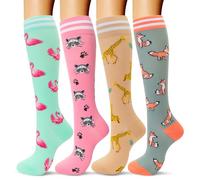 fenglaoda Compression Socks for Women Circulation 20-30mmHg Crazy, Cute, Socks Support for Nurse, Pregnant, Running, Medical, 00-4pairs-animal 4, S-M