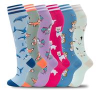 fenglaoda Compression Socks for Women Circulation 20-30mmHg Crazy, Cute, Socks Support for Nurse, Pregnant, Running, Medical, H-6pairs-shark/Fox/Dog1/Llama1/Unicorn/Seagull, S-M