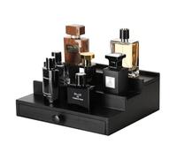 Fengligoo Black Wooden Cologne Organizer for Men - 3 Tier Wooden Perfume Display Stand with Drawer and Hidden Compartment for Organizing and Storing, Cologne Holder Shelf for Dresser