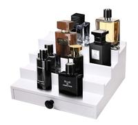Fengligoo White Cologne Organizer for Men - 4 Tier Wooden Cologne Display Stand with Drawer and Hidden Compartment for Organizing and Storing, Mens Cologne Holder Shelf for Dresser