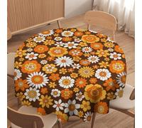 FengMingRui Retro 70s Groovy Round Tablecloth 1960s Hippie Floral White Orange Boho Modern Art Table Cloth Cover for Farmhouse Home Kitchen Dining Party Patio Indoor Outdoor, Round 36x36in