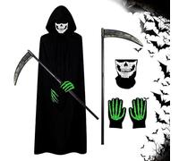 FENGQ 5 Pieces Halloween Costume Men's 160 cm Grim Reaper Costume with Skull Mask, Scythe, Skeleton Gloves, Halloween Cape for Halloween Cosplay Party