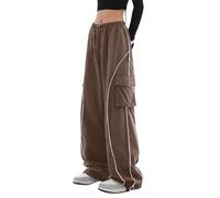 FENGQIYUNHAI Y2K Parachute Track Pants for Women Low Rise Baggy Wide Leg Cargo Pants for Women, Brown, M