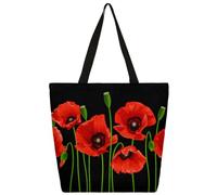 FengQuGou Canvas Tote Bag Floral Flower Poppy Large Women Casual Shoulder Bag Handbag Reusable Storage Multipurpose Heavy Duty Grocery Shopping Shoulder Bag for Gym Beach Weekender Travel Cotton,