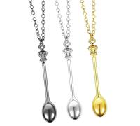 FENGRUI 3 Pieces Spoon Necklaces Set,Mini Charms Ket Necklace Small Snuff Spoon Tiny Little Scoop Teaspoon Crown Pendant Long Chain for Fancy Dress Party Favors（Silver,Gold,Black）