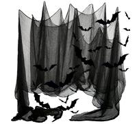 FENGSHENG-SHOP Halloween Creepy Cloth Black Creepy Gauze Spooky Halloween Decorations for Haunted Houses Party Doorways Decor 2ft x16ft (0.61mx4.8m), with 12Pcs Fake 3D Bats