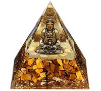 FENGSHUI-CAISHEN Healing Orgonite Pyramid, 1 Pure Bronze Kuan Yin Statue, 12 Yellow Onyx Crystals, 150 Tiger's Eye Stones, 100 Golden Beads, Natural Resin, Shell Acrylic, 30 Gold Foils, M