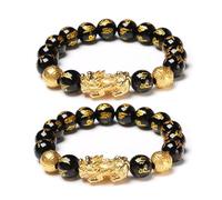FengShui Wealth And Luck Bracelet, Feng Shui Black Obsidian Pixiu Wealth Bracelet Prosperity Buddha Beads Elastic Bracelets for Women Men Jewelry, Adjustable, Zinc, no gemstone