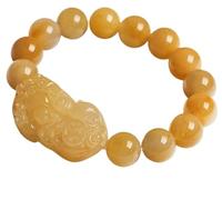 FengShui Wealth Bracelet， Wealth Pixiu/Pi Yao Carrying Ancient Coins Natural Golden Silk Jade Stretchy Bangle, 13MM, Acetate, no gemstone