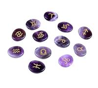 fengshuisale 12pcs Zodiac Stones Set Natural Amethyst Crystal Engraved Symbols Handmade Polished W3569
