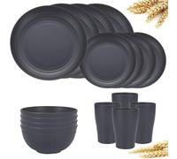 FENGZIZH 16 Pieces Plastic Dinnerware Set, Unbreakable Plates and Bowls Set - Microwave & Dishwasher Safe, Reusable Tableware for Camping, Picnics, and Everyday Use (Dark Grey)