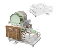 FENGZIZH 2 Tier Dish Drainer Rack with Drip Tray, Stainless Steel Draining Board Rack with Swivel Drainage Spout, Space-Saving Large Capacity White Dish Drainer for Small Kitchen Counter