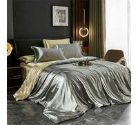 Fenhaodian Solid Silk Bedding Set with Duvet Cover Bed Sheet Pillowcases Luxury Satin Single Double Bedsheet King Queen Twin Size（3/5PCS）