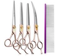 Fenice Peak 7.5‘’ Professional Dog Grooming Scissors Set Rose Gold 440C Stainless Steel Straight Thinning Curved Chunker Shears 4pcs Set for Pet Grooming Services Dogs and Cats