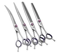 Fenice Peak 8‘’ Dog Grooming Scissors Set 4PCS Straight Curved Thinning Chunker Shears with Purple Finger Rings and Flashing Screw 440C Stainless Steel Natural Color Trimming Shears Durable and Sharp