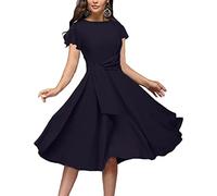 FENJAR Womens Elegance Audrey Hepburn Style Ruched 3/4 Short Ruffle Sleeve Casual Swing A-line Dress, Zr-navy, XL