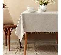 Fennco Styles Woven Solid Color Scalloped Tablecloth 56" W x 88" L - Beige Wrinkle-Free, Heat-Resistant Washable Table Cover for Everyday Use, Holidays, and Indoor Outdoor Events