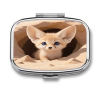 Fennec Fox Cub in Den Pill Box 2-Compartment Portable Pill Case Square Metal Medication Organizer Small Weekly Medication Case with Mirror Stylish Vitamin Holder for Purse Pocket Travel