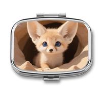 Fennec Fox Cub in Den Pill Box - 2 Compartment Travel Pill Organizer with Small Mirror, Portable Pillcase for Pocket & Purse, Cute Square Medicine Case, Weekly Medicine Container